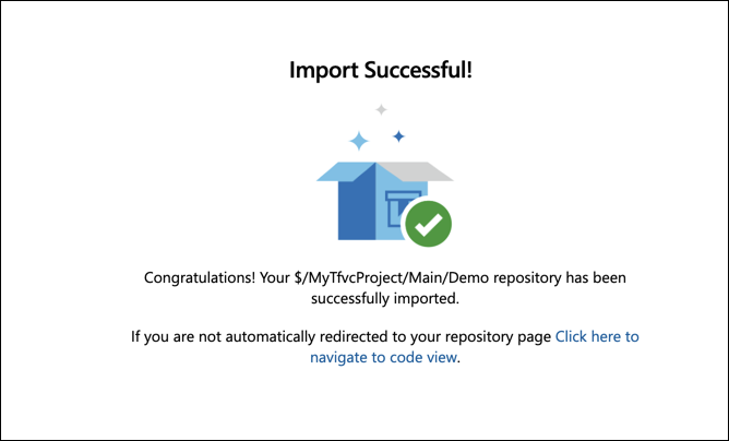 The TFVC to Git import conversion process has completed.