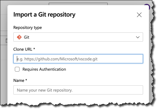 The import git repository dialog is the first step of the conversion process