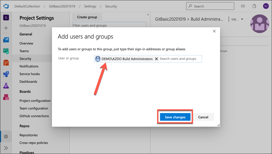 The build admin group selected in the dialog