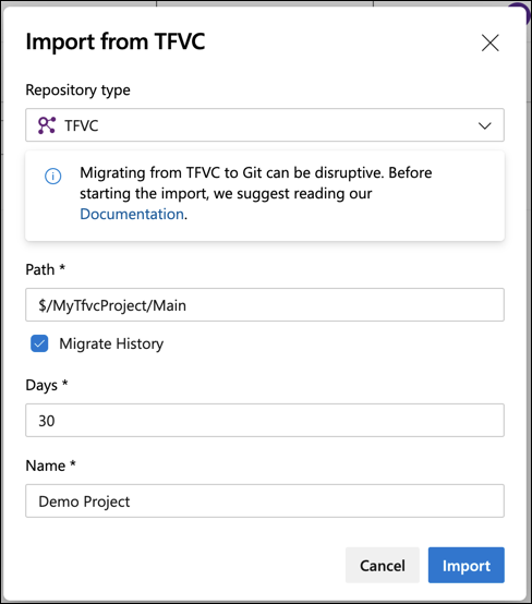 In the Import from TFVC dialog, you can enter the options for the stuff you want to import to Git